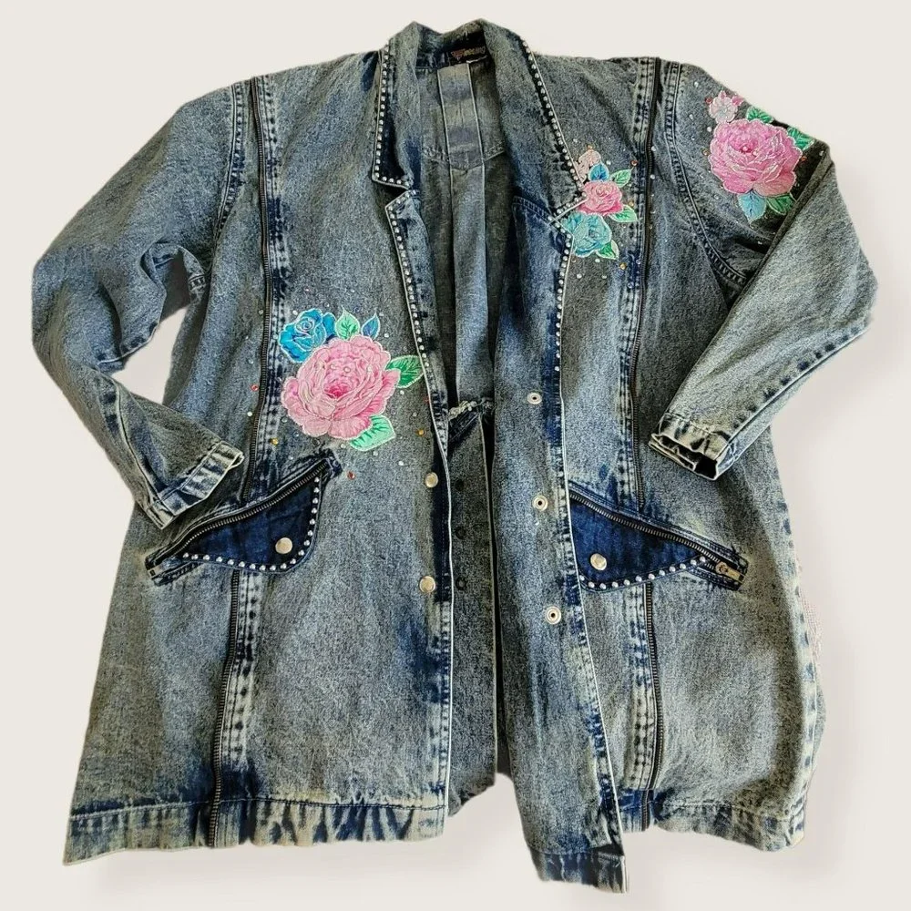 Vintage Embroidered Long Denim Jacket Blazer Zip Accent Woman's Size XL LH8009 - Picture 14 of 14